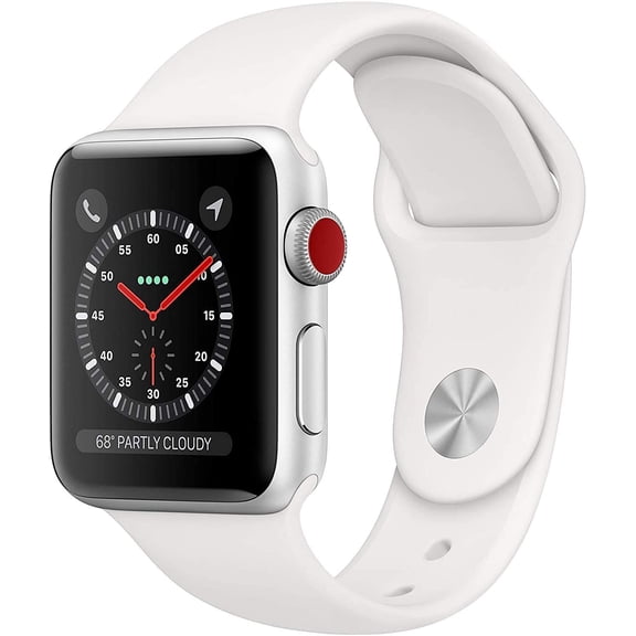 Restored Apple Watch Series 3 GPS + LTE Smart Watch, 18 Hours Battery Life, Silver Aluminum Case, White Sport Band, 38mm, 1, 1, 1