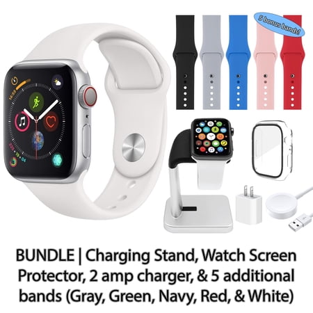 Restored Apple Watch Series 4 (GPS, 40 mm) Silver Aluminum Case with Silver Sport Band Bundle | 5 Bonus Bands, Charging Stand, Screen Protector, & 2 amp charger (Refurbished)