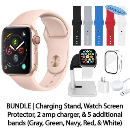 Restored Apple Watch Series 4 (GPS + Cellular, 40 mm) Gold Aluminum Case with Pink Sport Band Bundle | 5 Bonus Bands, Charging Stand, Screen Protector, & 2 amp charger (Refurbished)