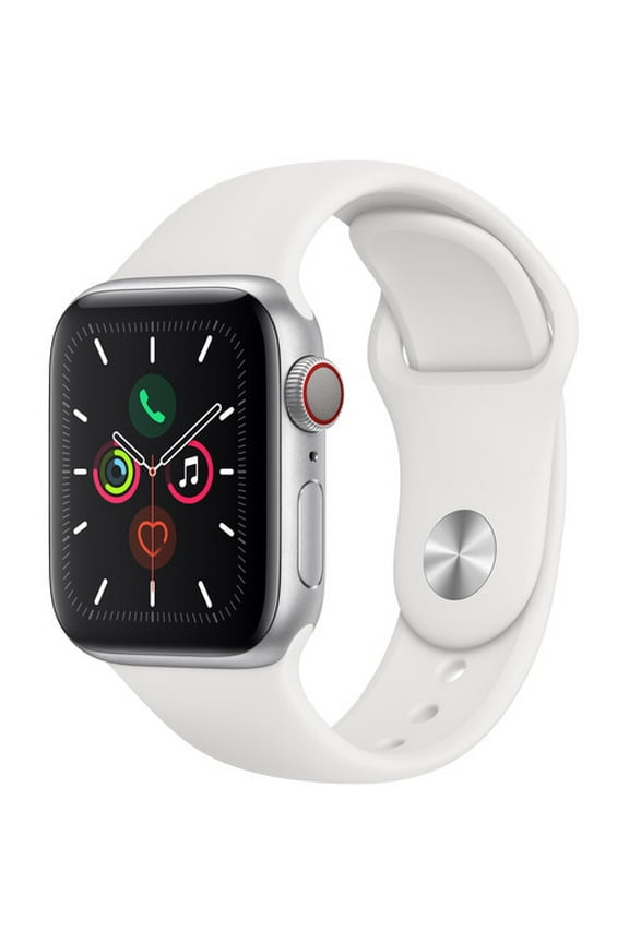 Restored Apple Watch Series 5 40mm GPS + Cellular, Silver Aluminum Case - White Sport Band Good