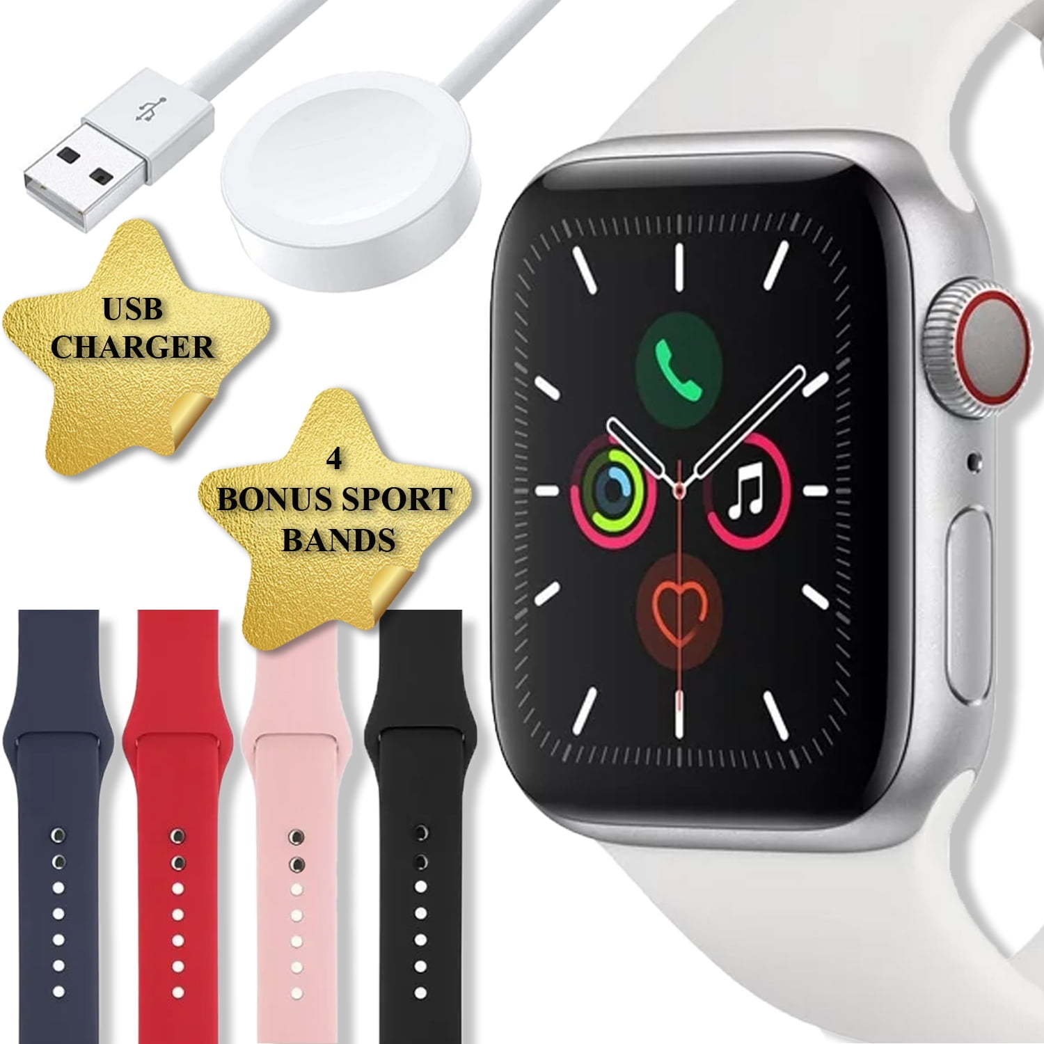 Restored Apple Watch Series 5 (GPS+4G, 40 mm) Silver Aluminum Case with White Sport Band + 4 Bands + Magnetic Charging Cable (Refurbished)