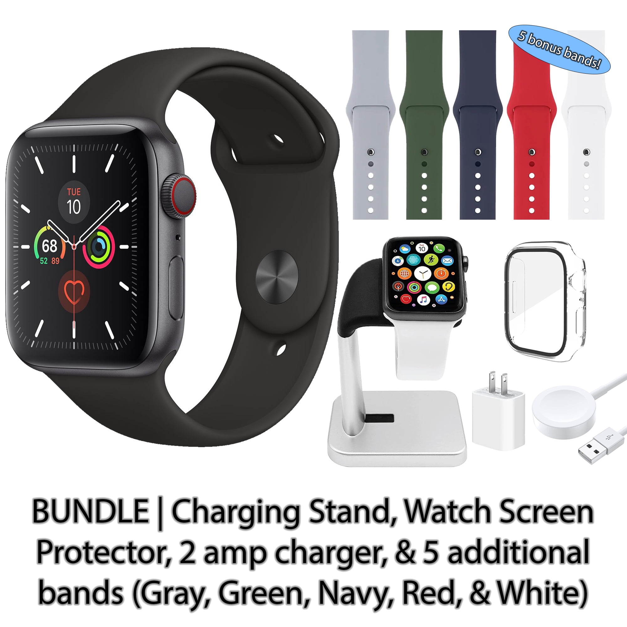 Restored Apple Watch Series 5 GPS Cellular 44 mm Space Gray Aluminum Case with Black Sport Band Bundle 5 Bonus Bands Charging Stand Screen Protector 2 amp charger Refurbished Walmart Business Supplies