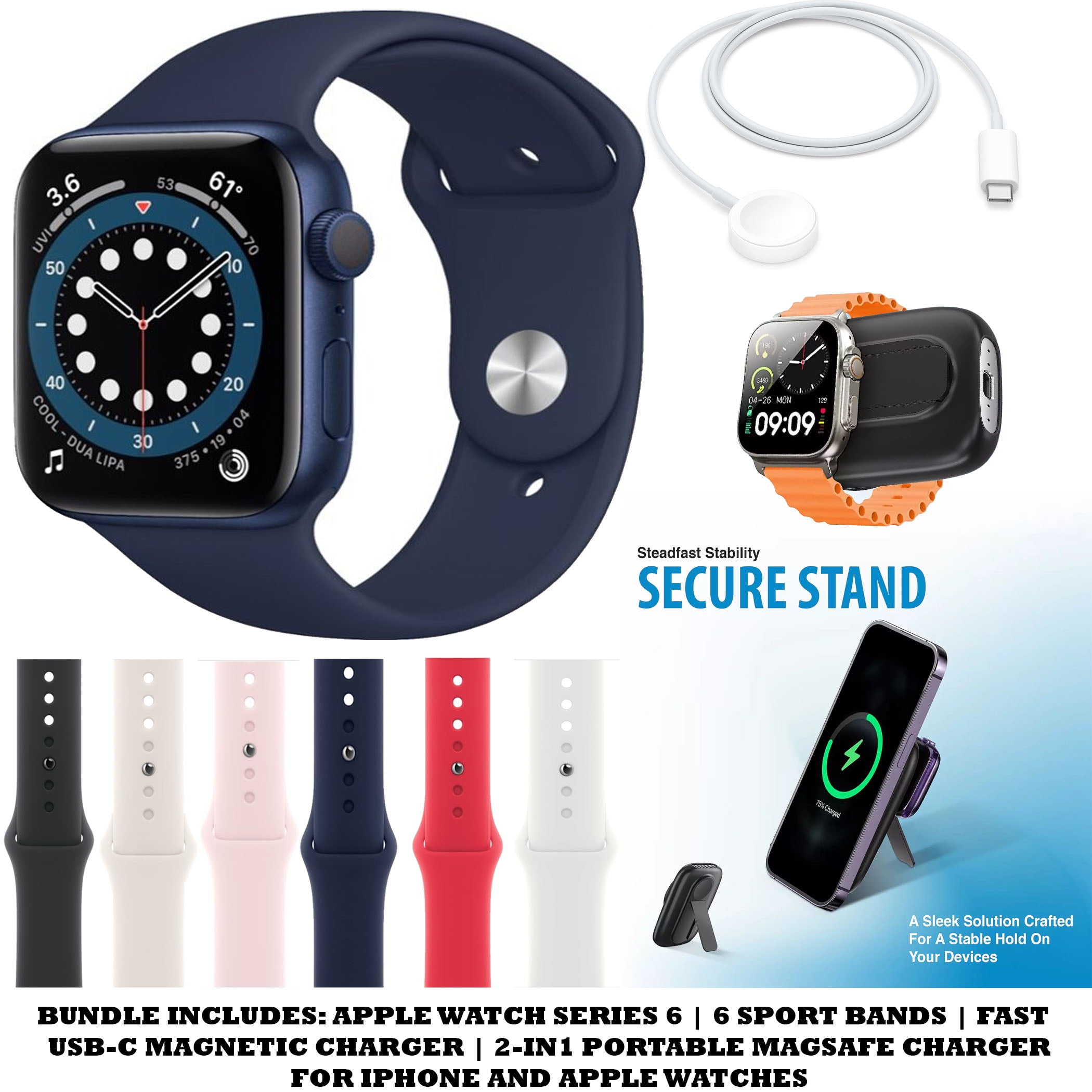 Restored Apple Watch Series 6 (40MM,Cellular) Bundle with 6 Sport Bands + USB-C Magnetic Charger and Portable Magsafe 2-in-1 Charger (Blue) (Refurbished)