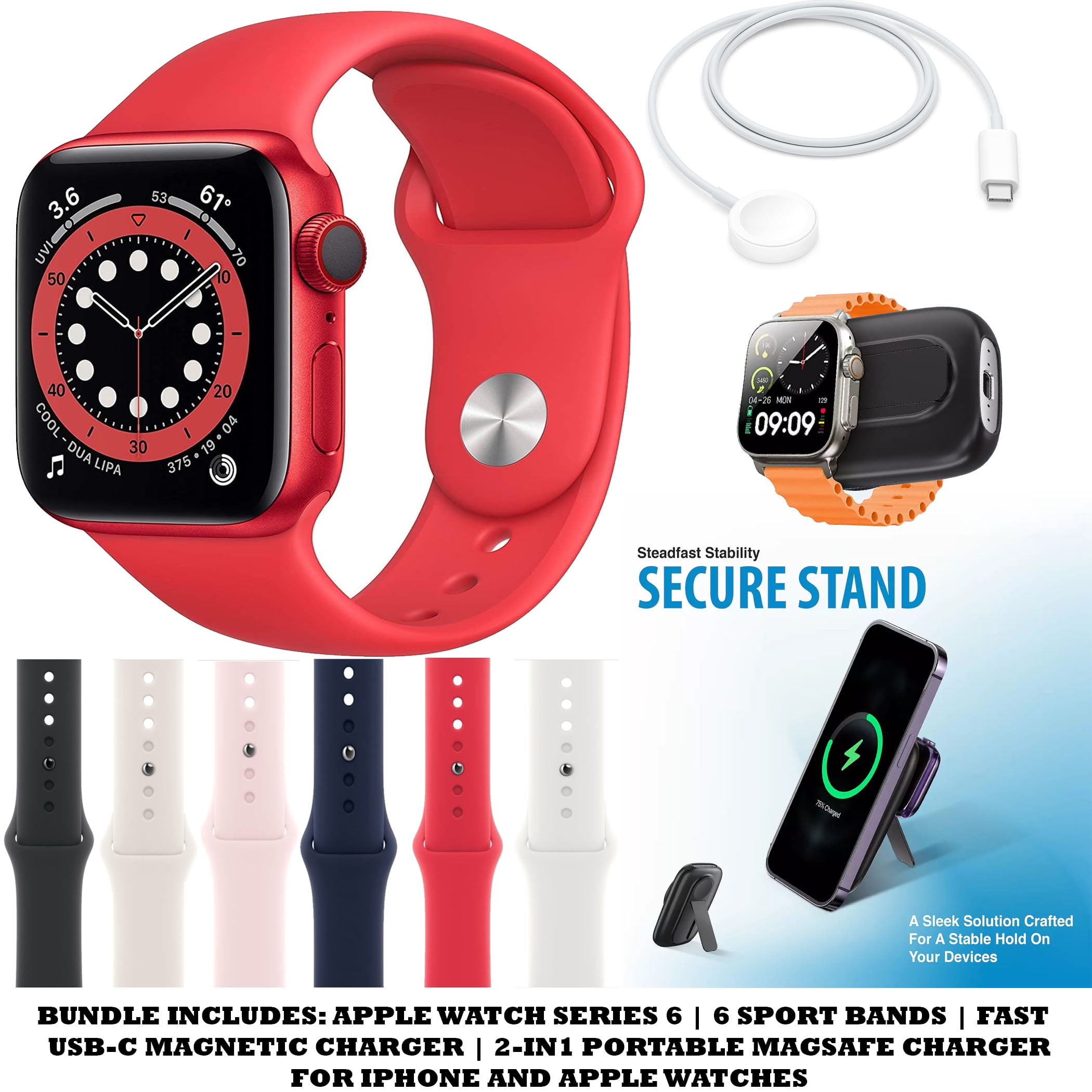 Restored Apple Watch Series 6 (40MM,Cellular) Bundle with 6 Sport Bands + USB-C Magnetic Charger and Portable Magsafe 2-in-1 Charger (Red) (Refurbished)