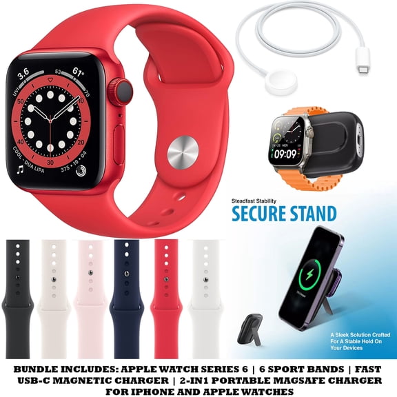 Restored Apple Watch Series 6 (40MM,Cellular) Bundle with 6 Sport Bands + USB-C Magnetic Charger and Portable Magsafe 2-in-1 Charger (Red) (Refurbished)