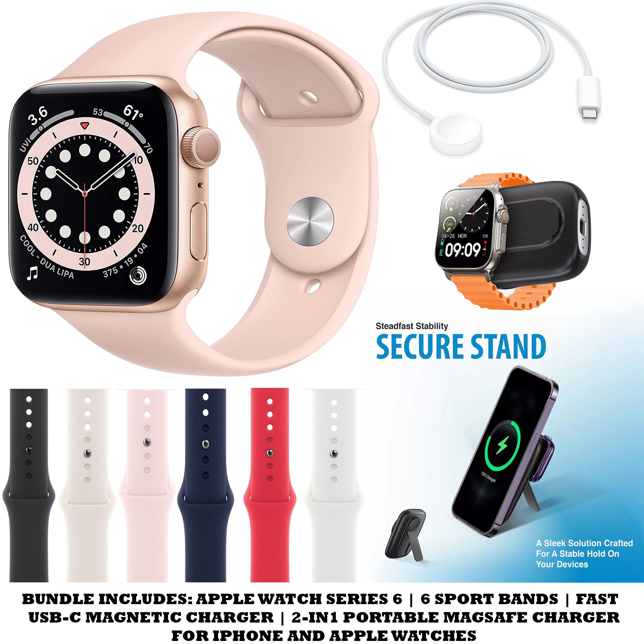 Restored Apple Watch Series 6 (40MM,Cellular) Bundle with 6 Sport Bands + USB-C Magnetic Charger and Portable Magsafe 2-in-1 Charger (Rose) (Refurbished)