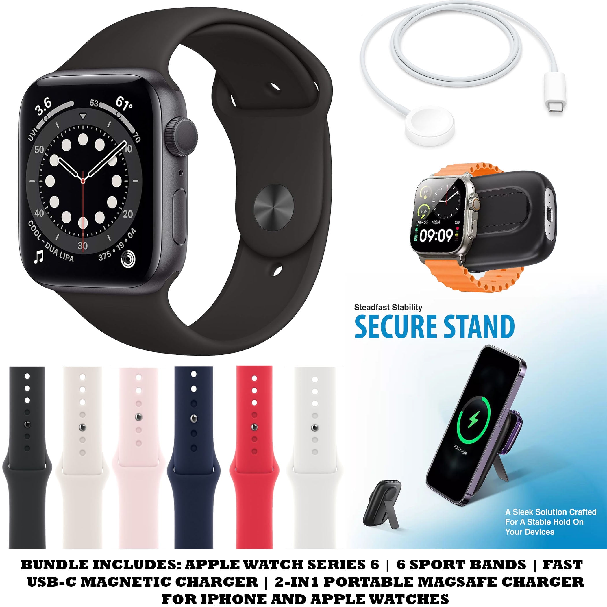 Restored Apple Watch Series 6 (40MM,Cellular) Bundle with 6 Sport Bands + USB-C Magnetic Charger and Portable Magsafe 2-in-1 Charger (Space Gray) (Refurbished)