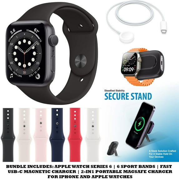 Restored Apple Watch Series 6 (44MM,Cellular) Bundle with 6 Sport Bands + USB-C Magnetic Charger and Portable Magsafe 2-in-1 Charger (Space Gray) (Refurbished)
