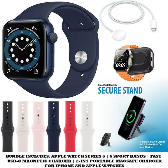 Restored Apple Watch Series 6 (44MM,GPS) Bundle with 6 Sport Bands + USB-C Magnetic Charger and Portable Magsafe 2-in-1 Charger (Blue) (Refurbished)