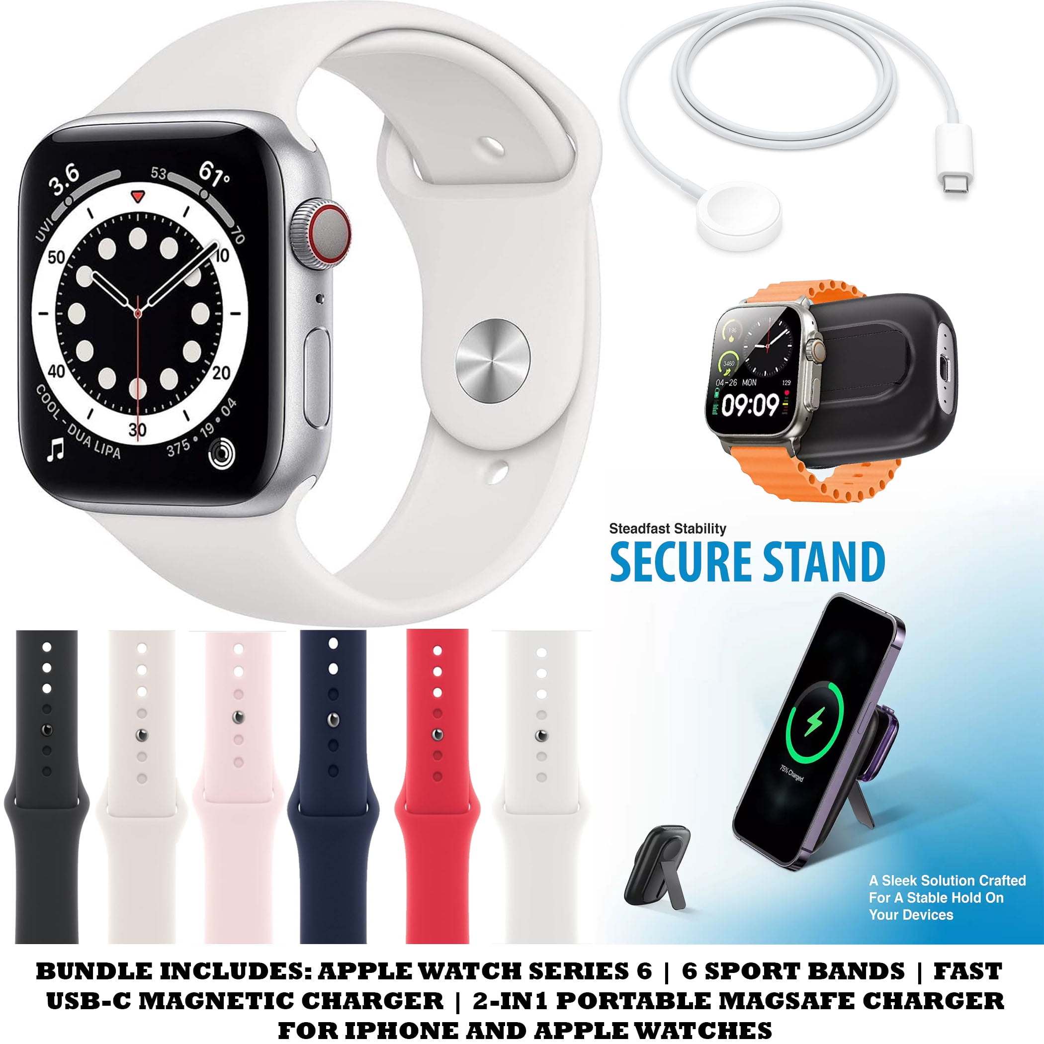 Restored Apple Watch Series 6 (44MM,GPS) Bundle with 6 Sport Bands + USB-C Magnetic Charger and Portable Magsafe 2-in-1 Charger (Silver) (Refurbished)