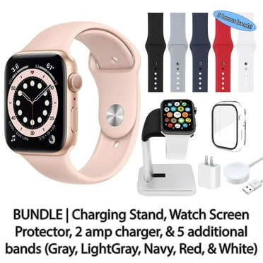Restored Apple Watch Series 6 (GPS, 40 mm) Gold Aluminum Case with Pink Sport Band Bundle 5 Bonus Bands, Charging Stand, Screen Protector, & 2 amp charger (Refurbished)