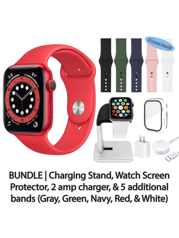 Restored Apple Watch Series 6 (GPS, 40 mm) Red Aluminum Case with Red Sport Band | 5 Bonus Bands, Charging Stand, Screen Protector, & 2 amp charger
