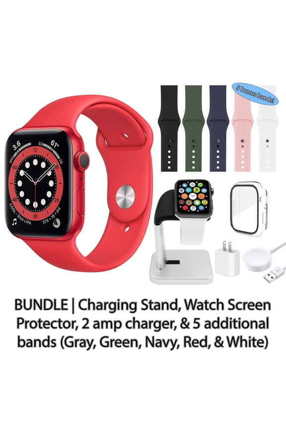 Restored Apple Watch Series 6 (GPS, 40 mm) Red Aluminum Case with Red Sport Band Bundle 5 Bonus Bands, Charging Stand, Screen Protector, & 2 amp charger (Refurbished)