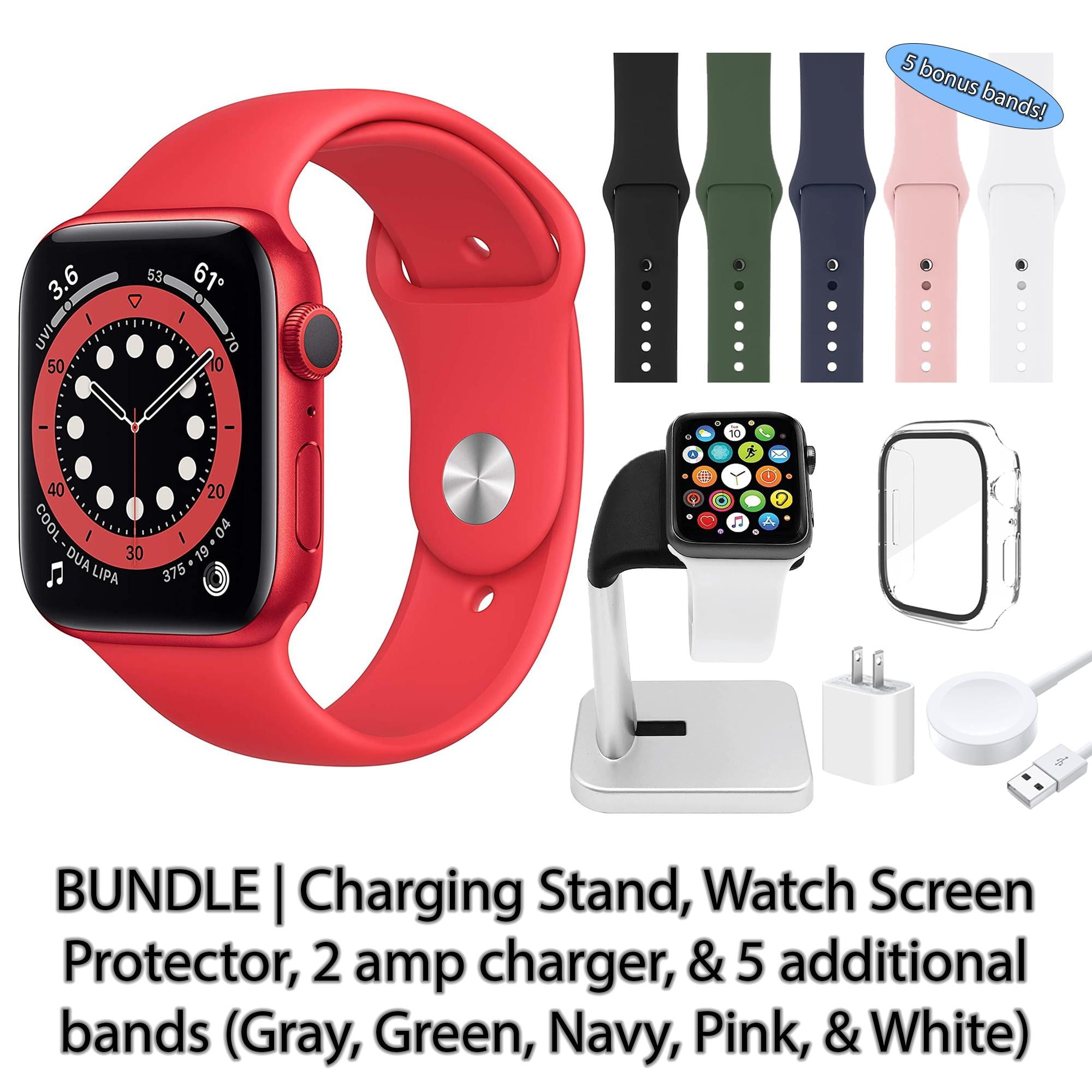 Restored Apple Watch Series 6 (GPS, 40 mm) Red Aluminum Case with Red Sport Band | 5 Bonus Bands, Charging Stand, Screen Protector, & 2 amp charger (Refurbished)