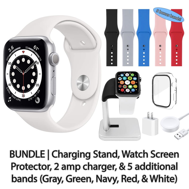 Restored Apple Watch Series 6 (GPS, 40 mm) Silver Aluminum Case with White Sport Band Bundle 5 Bonus Bands, Charging Stand, Screen Protector, & 2 amp charger (Refurbished)