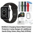 thumbnail image 1 of Restored Apple Watch Series 6 (GPS, 40 mm) Space Gray Aluminum Case with Black Sport Band Bundle 5 Bonus Bands, Charging Stand, Screen Protector, & 2 amp charger (Refurbished), 1 of 13