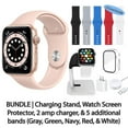 thumbnail image 1 of Restored Apple Watch Series 6 (GPS, 44 mm) Gold Aluminum Case with Pink Sport Band Bundle 5 Bonus Bands, Charging Stand, Screen Protector, & 2 amp charger (Refurbished), 1 of 13