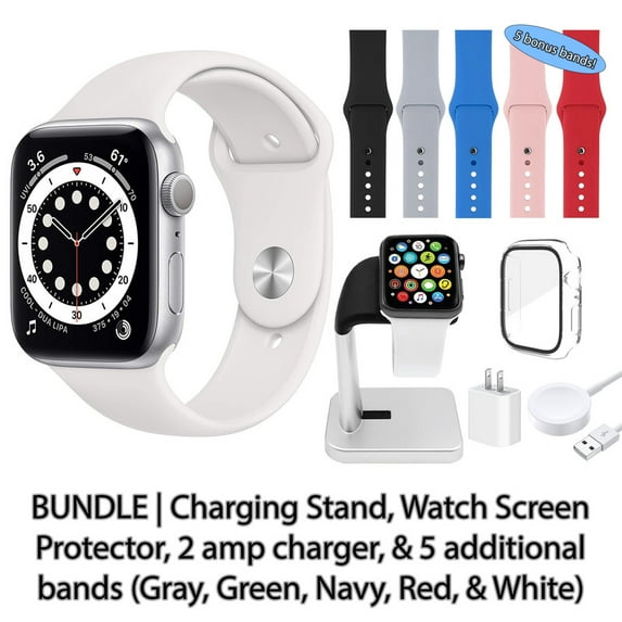Restored Apple Watch Series 6 (GPS, 44 mm) Silver Aluminum Case with White Sport Band Bundle 5 Bonus Bands, Charging Stand, Screen Protector, & 2 amp charger (Refurbished)