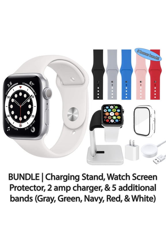 Restored Apple Watch Series 6 (GPS, 44 mm) Silver Aluminum Case with White Sport Band Bundle 5 Bonus Bands, Charging Stand, Screen Protector, & 2 amp charger (Refurbished)