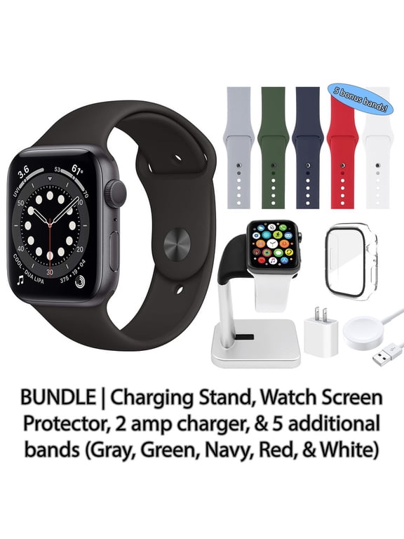 Restored Apple Watch Series 6 (GPS, 44 mm) Space Gray Aluminum Case with Black Sport Band | 5 Bonus Bands, Charging Stand, Screen Protector, & 2 amp charger