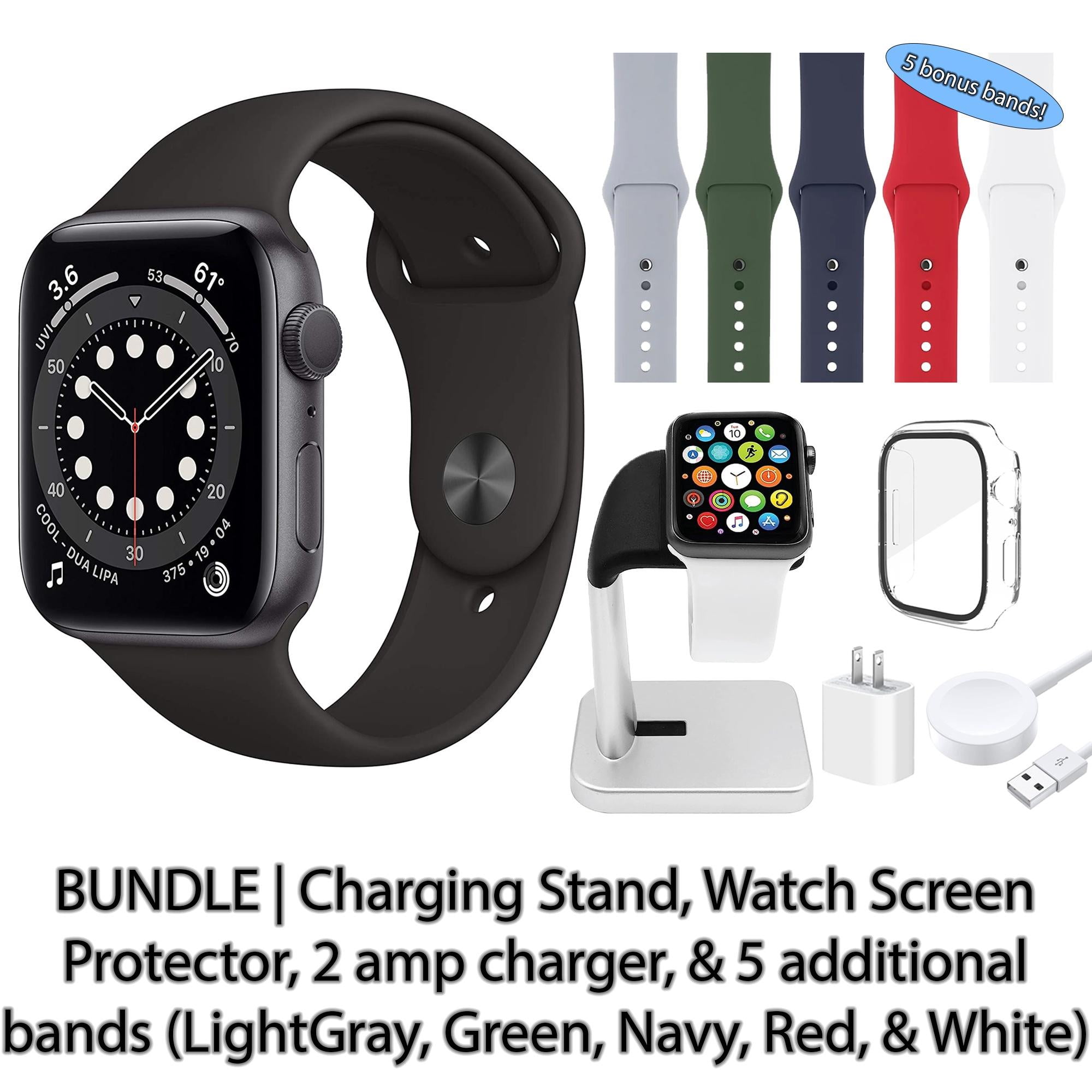 Restored Apple Watch Series 6 (GPS, 44 mm) Space Gray Aluminum Case with Black Sport Band 5 Bonus Bands, Charging Stand, Screen Protector, & 2 amp charger (Refurbished)