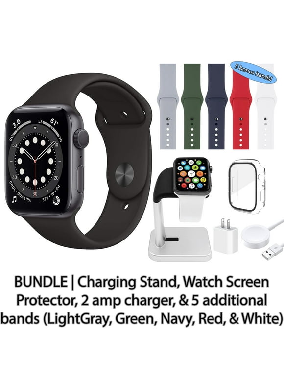 Restored Apple Watch Series 6 (GPS, 44 mm) Space Gray Aluminum Case with Black Sport Band 5 Bonus Bands, Charging Stand, Screen Protector, & 2 amp charger (Refurbished)