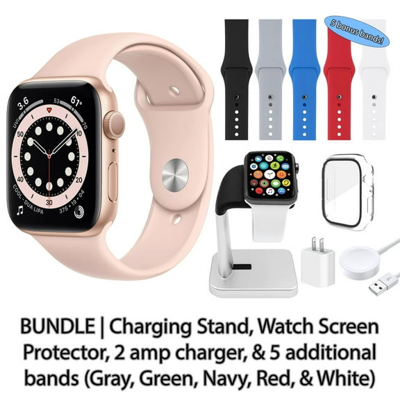 Restored Apple Watch Series 6 (GPS + Cellular, 40 mm) Gold Aluminum Case with Pink Sport Band Bundle 5 Bonus Bands, Charging Stand, Screen Protector, & 2 amp charger (Refurbished)