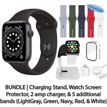 Restored Apple Watch Series 6 (GPS + Cellular, 40 mm) Space Gray Aluminum Case with Black Sport Band Bundle 5 Bonus Bands, Charging Stand, Screen Protector, & 2 amp charger (Refurbished)