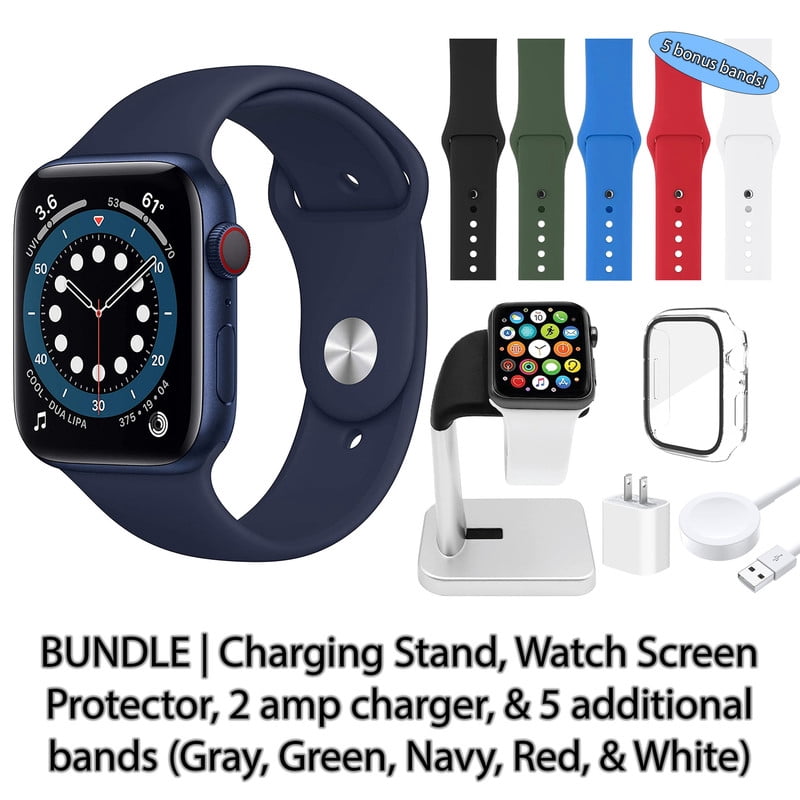 Restored Apple Watch Series 6 GPS + Cellular 44 mm Blue Aluminum Case with Deep Navy Sport Band, 1 Each