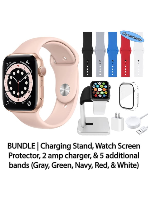 Restored Apple Watch Series 6 (GPS + Cellular, 44 mm) Gold Aluminum Case with Pink Sport Band | 5 Bonus Bands, Charging Stand, Screen Protector, & 2 amp charger