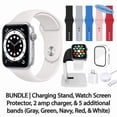 thumbnail image 1 of Restored Apple Watch Series 6 (GPS + Cellular, 44 mm) Silver Aluminum Case with White Sport Band Bundle 5 Bonus Bands, Charging Stand, Screen Protector, & 2 amp charger (Refurbished), 1 of 13