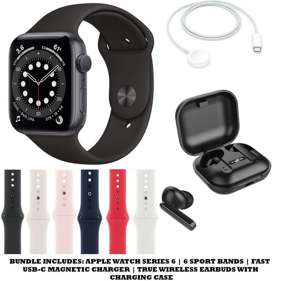 Restored Apple Watch Series 6 GPS Only (Space Gray , 44MM) Bundle W/ 6 Bands, USB-C Charger and True Wireless Bluetooth Earbuds (Refurbished)