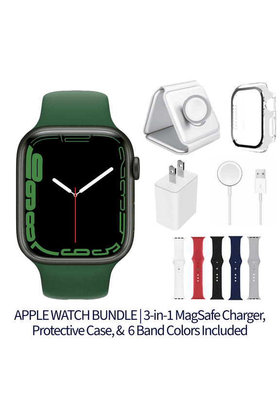 Restored Apple Watch Series 7 Bundle – 45mm GPS + Cellular Green (2021) – Magnetic Charger & Sport Band Included (Refurbished)