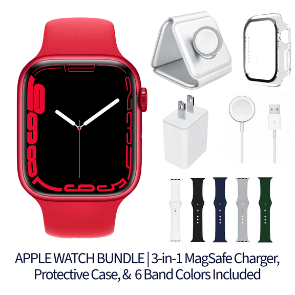 Restored Apple Watch Series 7 Bundle – 45mm Gps Red (2021) – Magnetic Charger & Sport Band Included (Refurbished)