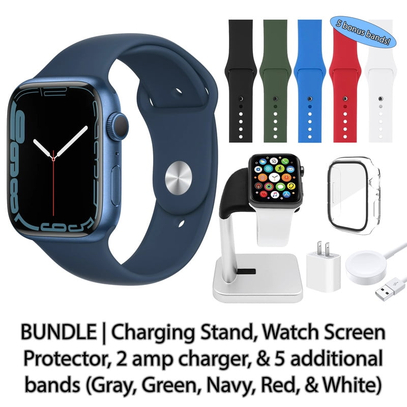 Restored Apple Watch Series 7 (GPS, 41 mm) Blue Aluminum Case with Abyss Blue Sport Band Bundle 5 Bonus Bands, Charging Stand, Screen Protector, & 2 amp charger (Refurbished)
