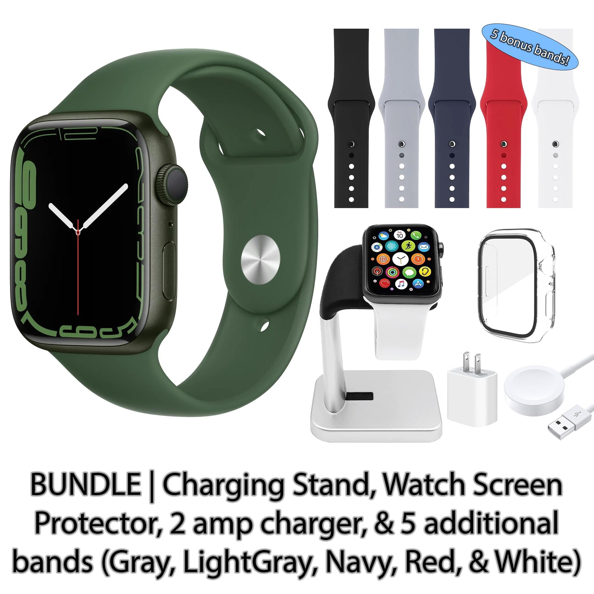 Restored Apple Watch Series 7 (GPS, 41 mm) Green Aluminum Case with Clover  Sport Band | 5 Bonus Bands, Charging Stand, Screen Protector, & 2 amp 