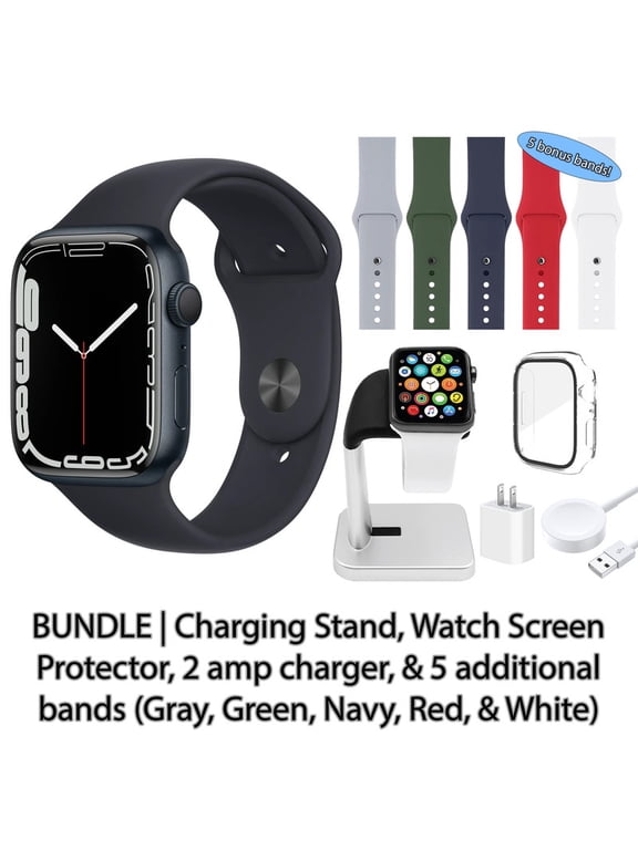 Restored Apple Watch Series 7 (GPS, 45 mm) Blue Aluminum Case with Abyss Blue Sport Band | 5 Bonus Bands, Charging Stand, Screen Protector, & 2 amp charger
