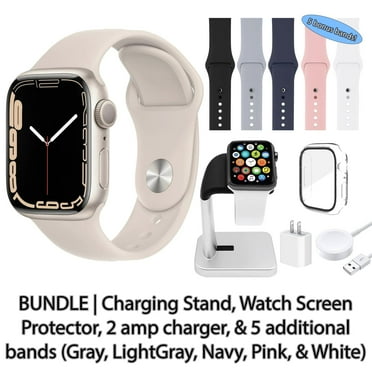 Restored Apple Watch Series 7 (GPS, 45 mm) Starlight Aluminum Case with Starlight Sport Band Bundle 5 Bonus Bands, Charging Stand, Screen Protector, & 2 amp charger (Refurbished)