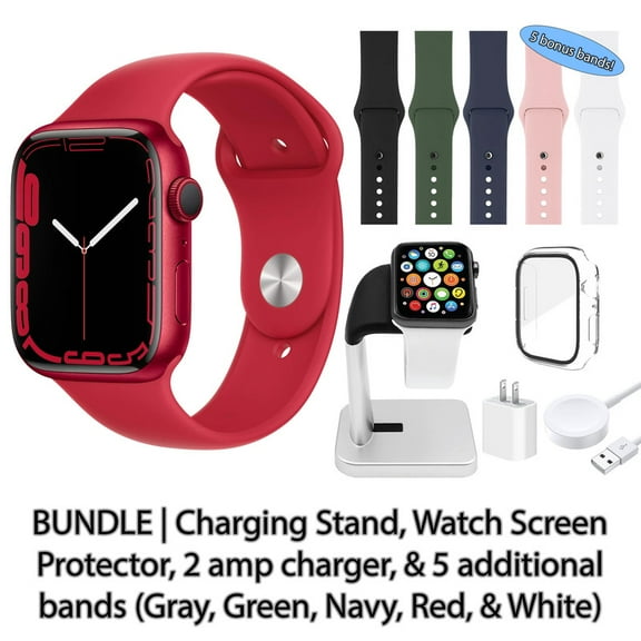 Restored Apple Watch Series 7 (GPS   Cellular, 41 mm) Red Aluminum Case with Red Sport Band Bundle 5 Bonus Bands, Charging Stand, Screen Protector, & 2 amp charger (Refurbished)