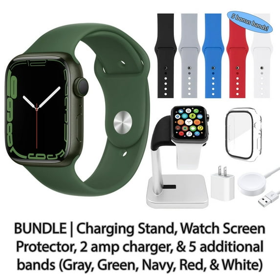 Restored Apple Watch Series 7 (GPS + Cellular, 45 mm) Green Aluminum Case with Clover Sport Band Bundle 5 Bonus Bands, Charging Stand, Screen Protector, & 2 amp charger (Refurbished)