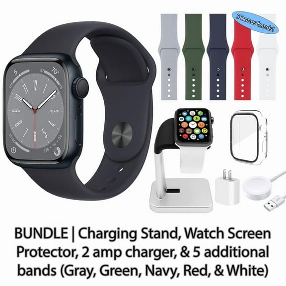 Restored Apple Watch Series 8 (GPS, 41 mm) Midnight Aluminum Case with Midnight Sport Band Bundle 5 Bonus Bands, Charging Stand, Screen Protector, & 2 amp charger (Refurbished)