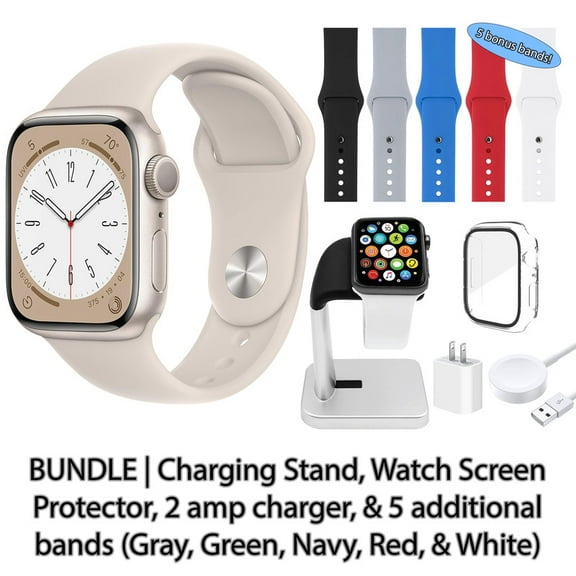 Restored Apple Watch Series 8 (GPS, 45 mm) Starlight Aluminum Case with Starlight Sport Band Bundle 5 Bonus Bands, Charging Stand, Screen Protector, & 2 amp charger (Refurbished)