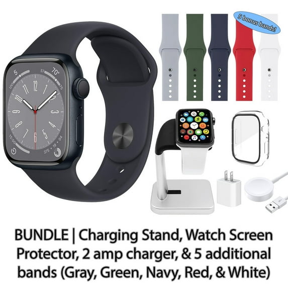 Restored Apple Watch Series 8 (GPS + Cellular, 41 mm) Midnight Aluminum Case with Midnight Sport Band Bundle 5 Bonus Bands, Charging Stand, Screen Protector, & 2 amp charger (Refurbished)