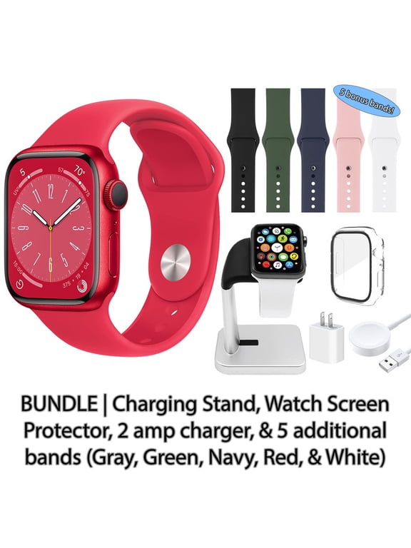 Restored Apple Watch Series 8 (GPS + Cellular, 41 mm) Red Aluminum Case with Red Sport Band Bundle | 5 Bonus Bands, Charging Stand, Screen Protector, & 2 amp charger