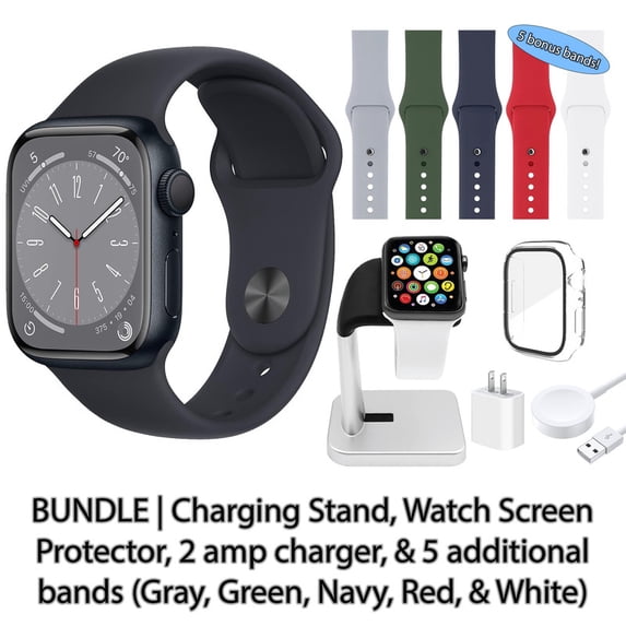 Restored Apple Watch Series 8 (GPS + Cellular, 45 mm) Midnight Aluminum Case with Midnight Sport Band Bundle | 5 Bonus Bands, Charging Stand, Screen Protector, & 2 amp charger
