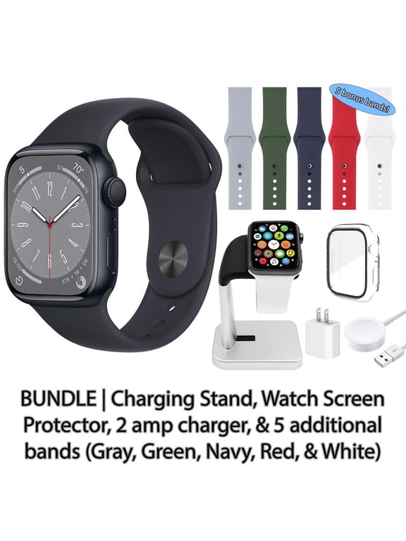 Restored Apple Watch Series 8 (GPS + Cellular, 41 mm) Silver Aluminum Case with Silver Sport Band Bundle | 5 Bonus Bands, Charging Stand, Screen Protector, & 2 amp charger