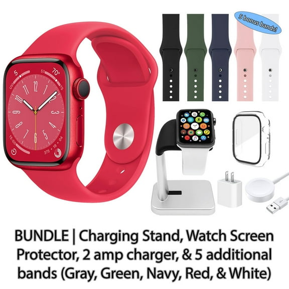 Restored Apple Watch Series 8 (GPS   Cellular, 45 mm) Red Aluminum Case with Red Sport Band Bundle 5 Bonus Bands, Charging Stand, Screen Protector, & 2 amp charger (Refurbished)