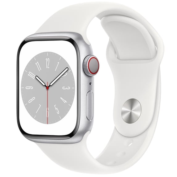 Restored Apple, Series 8, GPS + Cellular Watch Aluminum Case with White Sport Band, Silver/45MM, 1, 1, 1