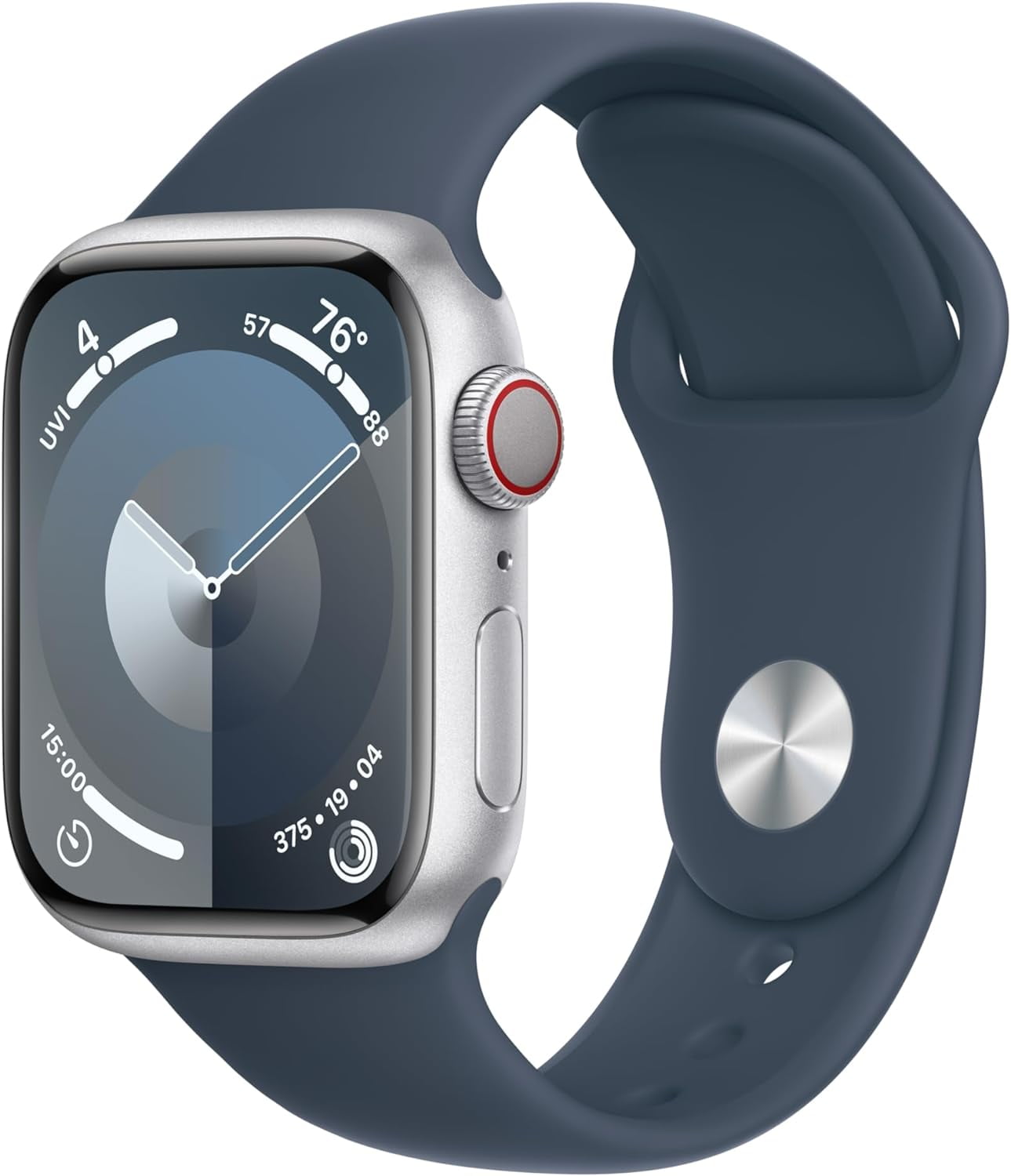Restored Apple Watch Series 9 41mm GPS + Cellular 41mm Silver Aluminum Case with Storm Blue Sport Band S/M Like New