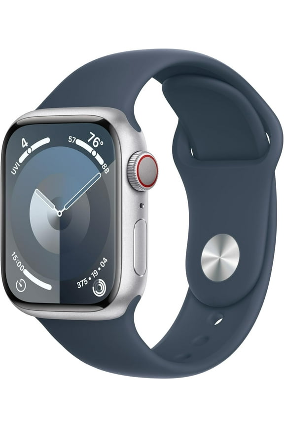 Restored Apple Watch Series 9 41mm GPS + Cellular 41mm Silver Aluminum Case with Storm Blue Sport Band S/M Like New